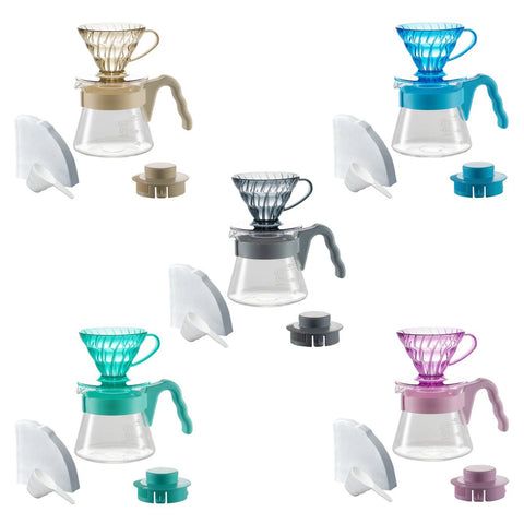 【HARIO】限量套組 樹脂濾杯*1+咖啡壺*1+濾紙40張入*1+量匙*1(自然米/海洋藍/薄荷綠/玫瑰粉/摩登灰)