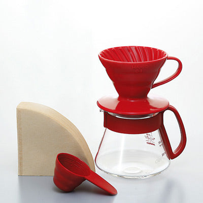 【HARIO】<過年禮盒首選> V60紅色01濾杯咖啡壺組 (磁石濾杯+咖啡壺+濾紙+量匙/VDS-3012R)