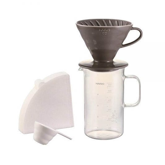 【HARIO】V60石墨灰咖啡量杯套組 (磁石濾杯+咖啡壺+濾紙+量匙/BVD-3012-GR)