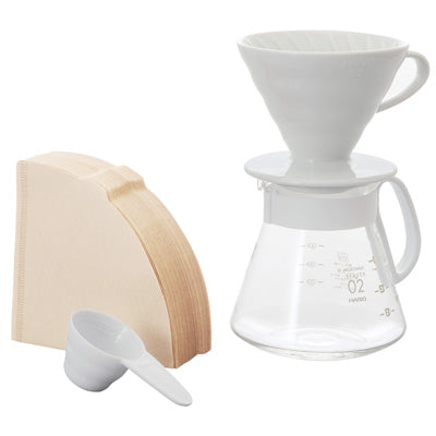 【HARIO】V60白色02濾杯咖啡壺組 (磁石濾杯+咖啡壺+濾紙+量匙/XVDD-3012W)